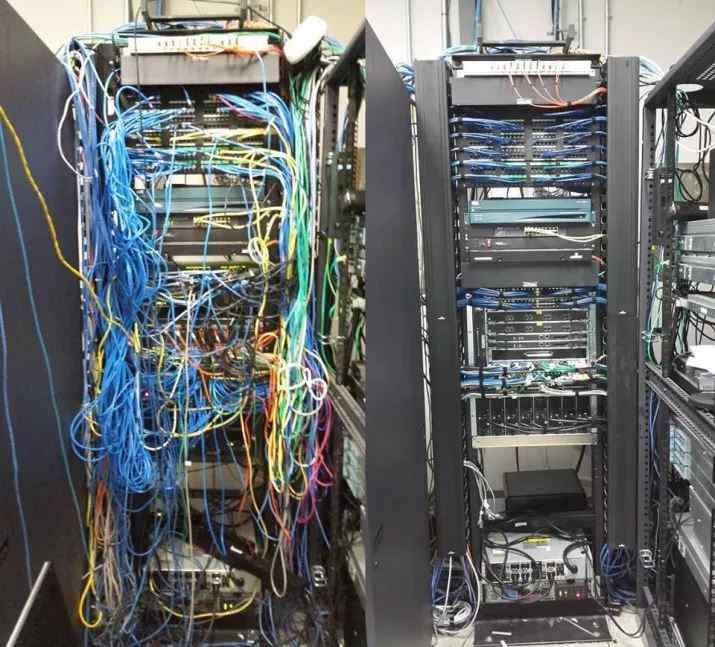 Before and after images of cable management by data cabling installer, showing organized and tidy cabling