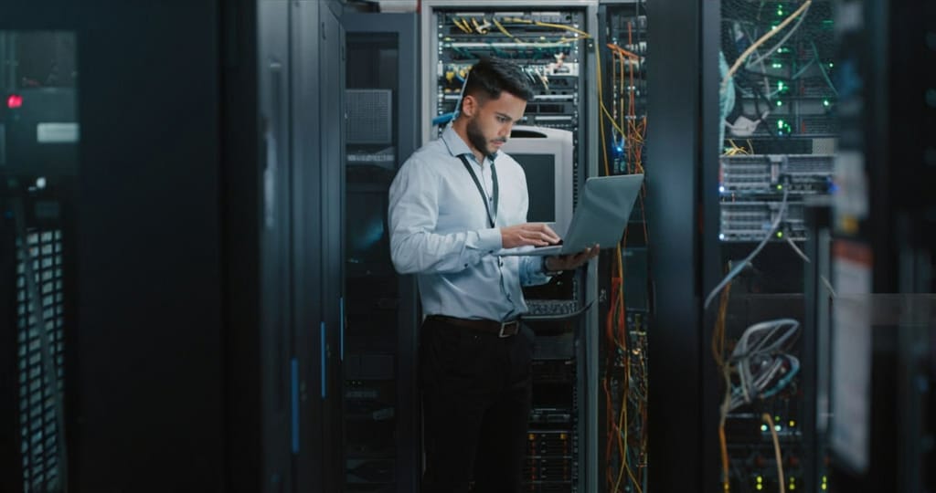 Image of technician configuring network hardware for IT network solution