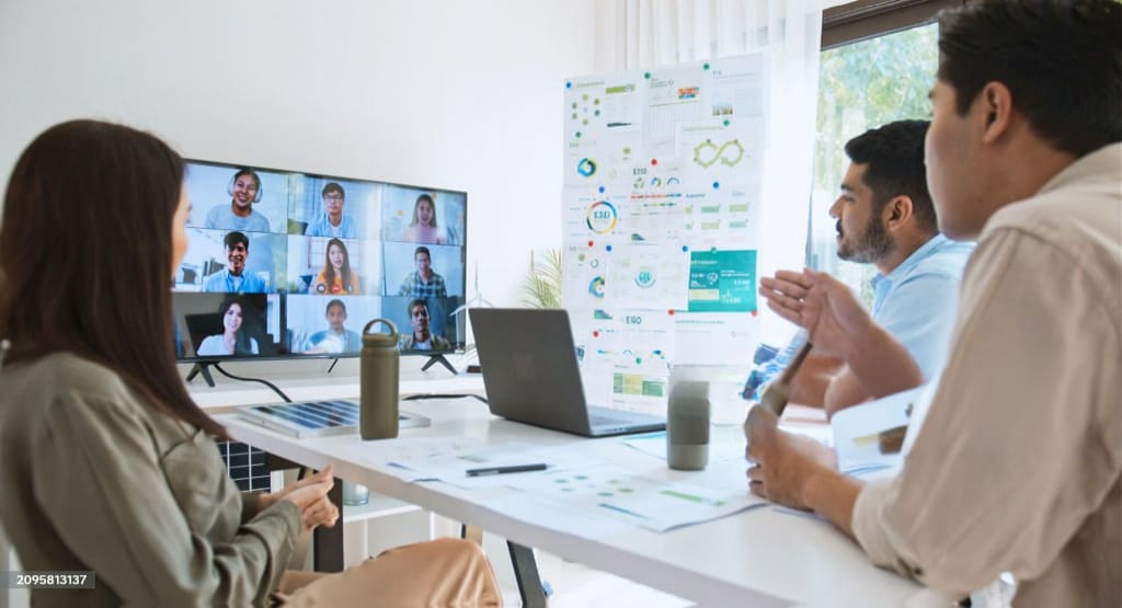 Audio Visual Solutions at work. Video Conference Call Image of people sitting around a table attending a conference call