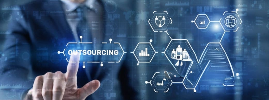 Customer selecting IT Project Outsourcing services from a futuristic screen